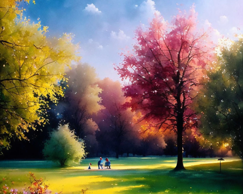 Colorful park painting with vibrant trees and walking figures