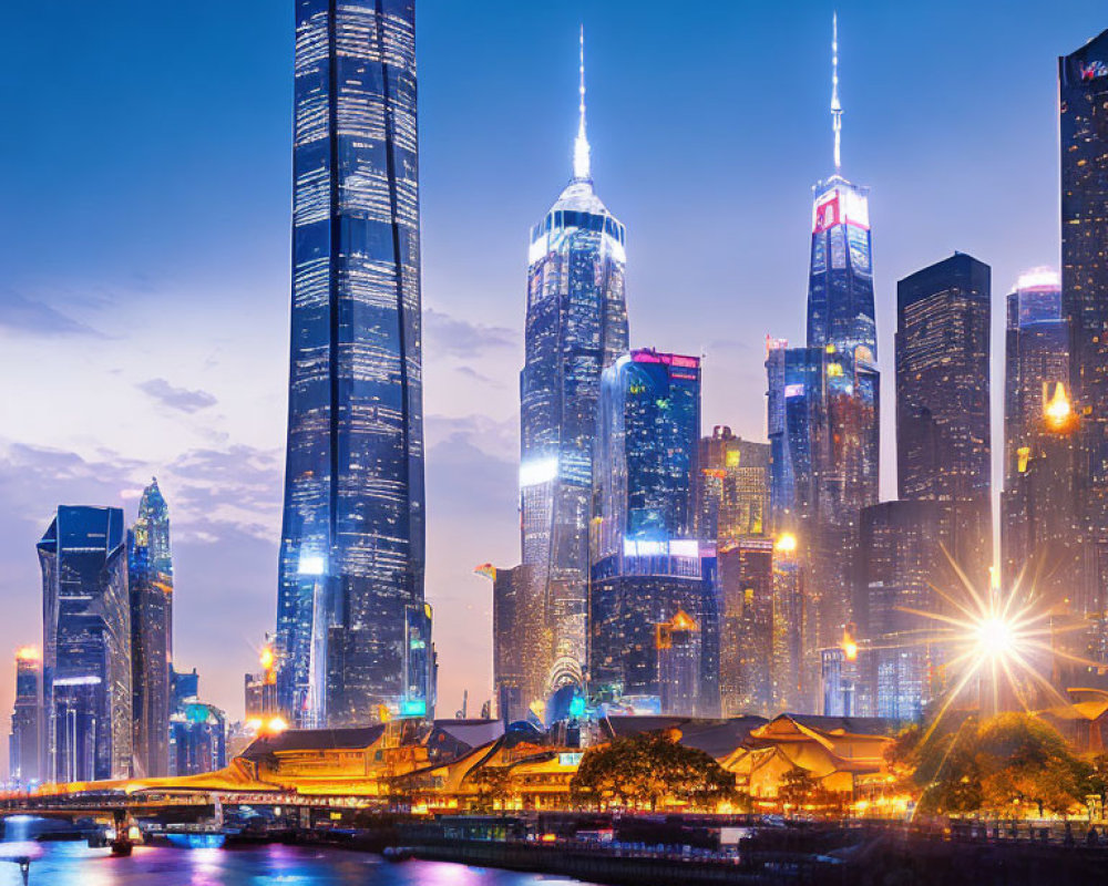 Urban skyline at twilight with waterfront skyscrapers reflecting lights on water