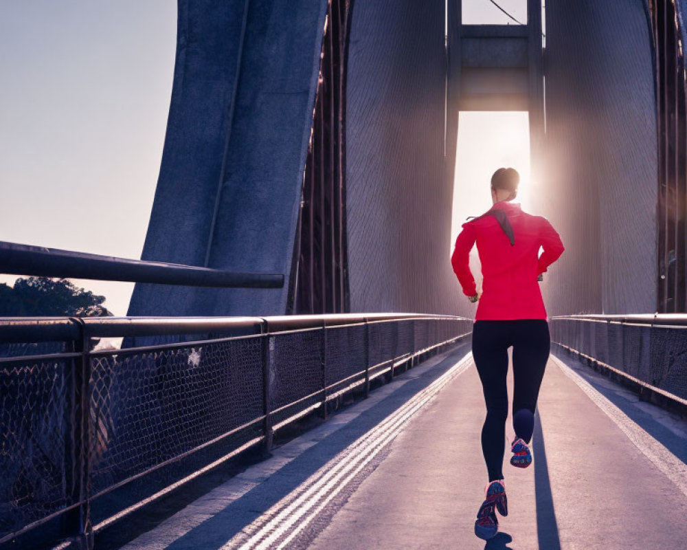 Person Jogging on Bridge Towards Sun with Long Shadow