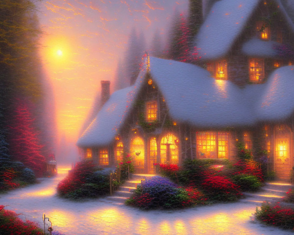 Snowy Twilight Scene: Cozy Cottage with Illuminated Windows