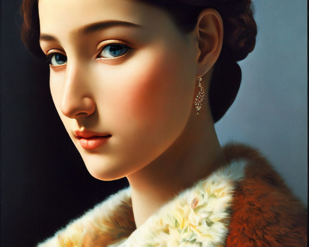 Portrait of a young woman with fair skin and blue eyes wearing a fur coat