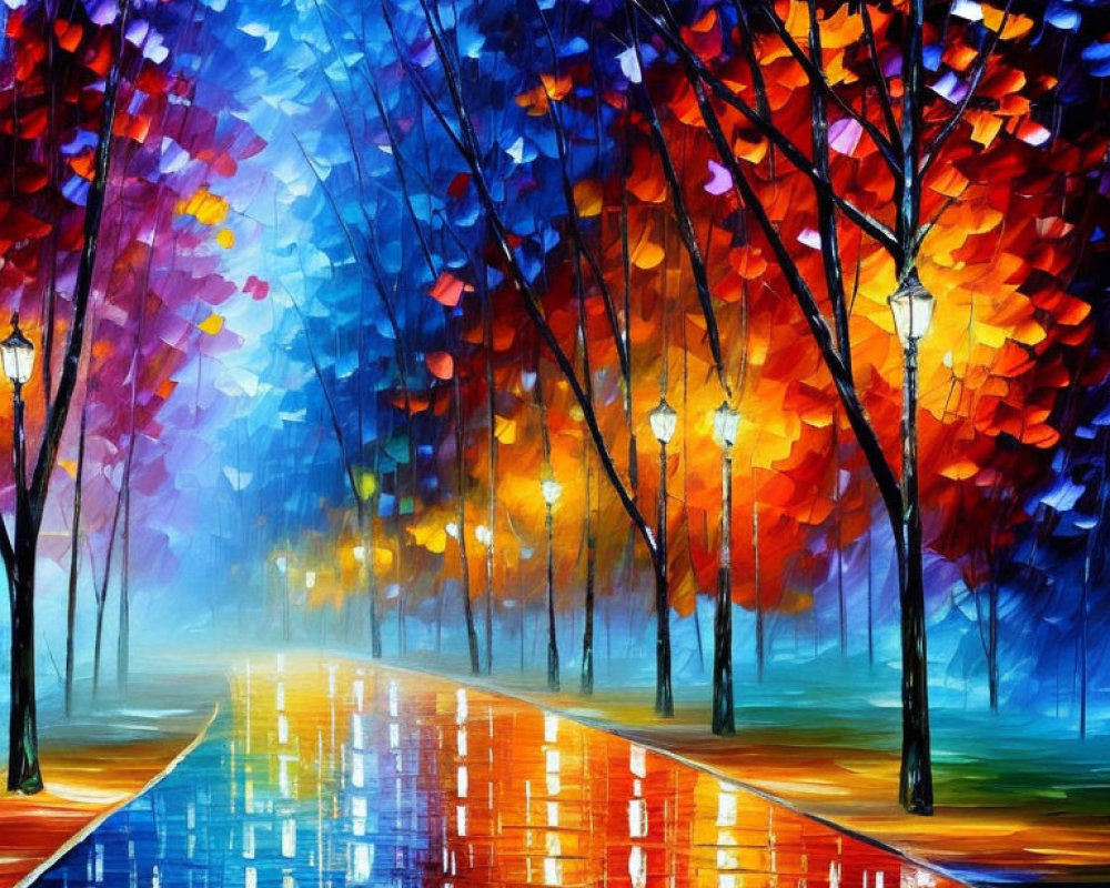 Impressionistic painting of wet city street in autumn