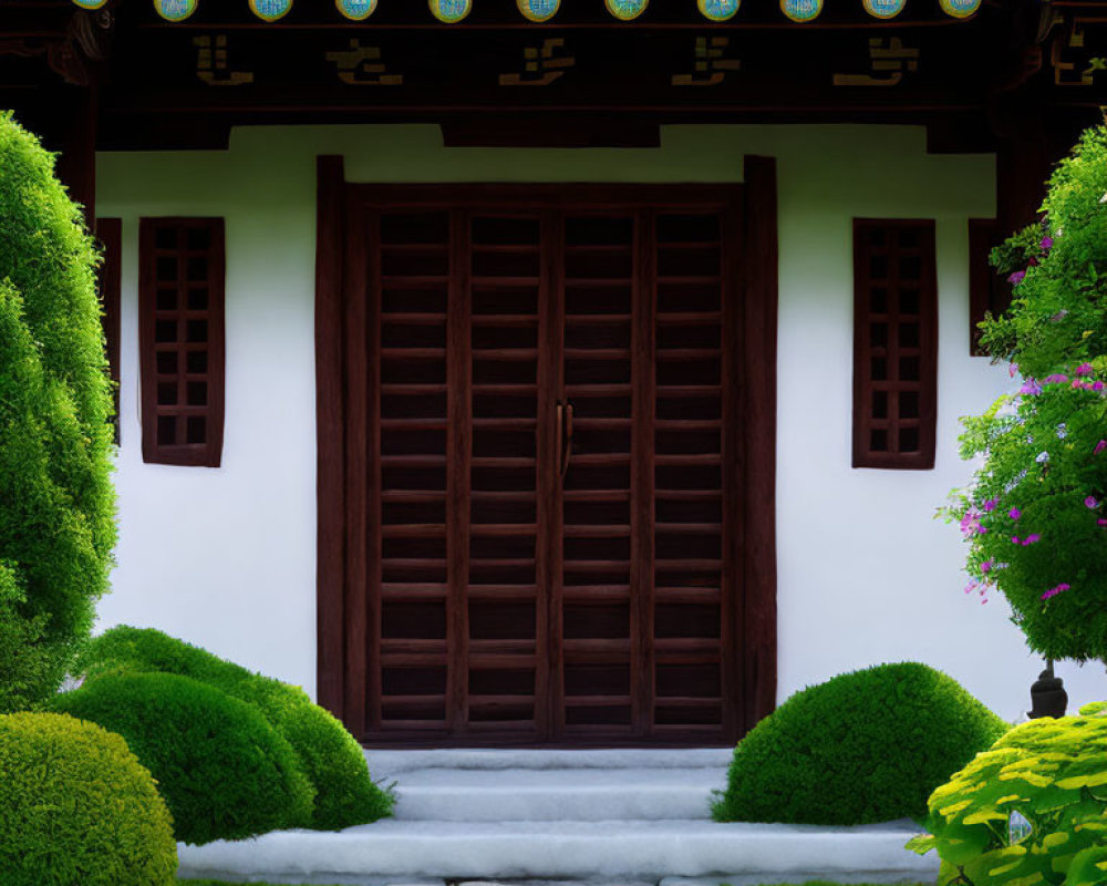 East Asian Style Architecture: Wood Doors, White Walls, Tiled Roof & Green Bushes