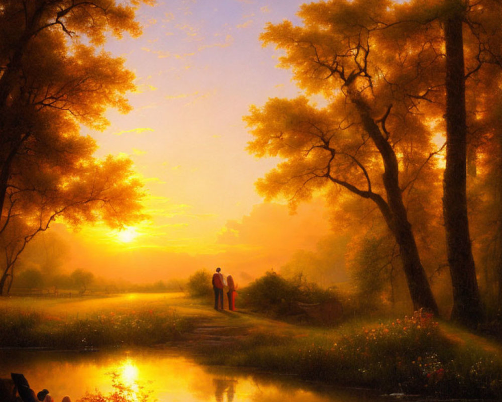 Romantic couple by tranquil stream at sunset with glowing trees and flowers.