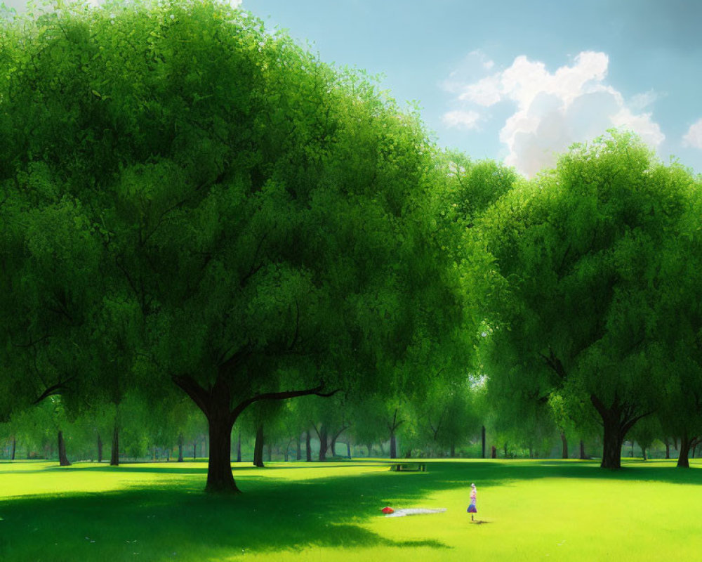 Serene park scene with lush greenery and figure in red attire