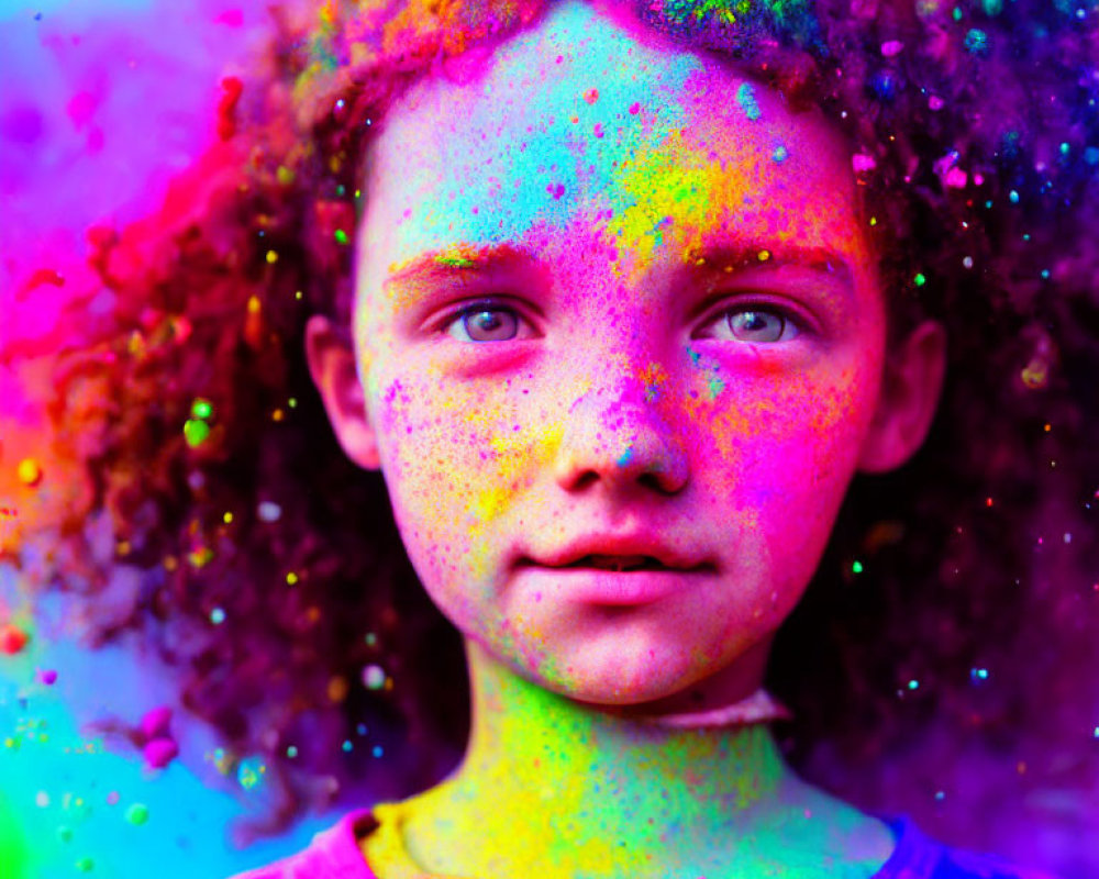 Child with Curly Hair and Rainbow Face Paint Portrait