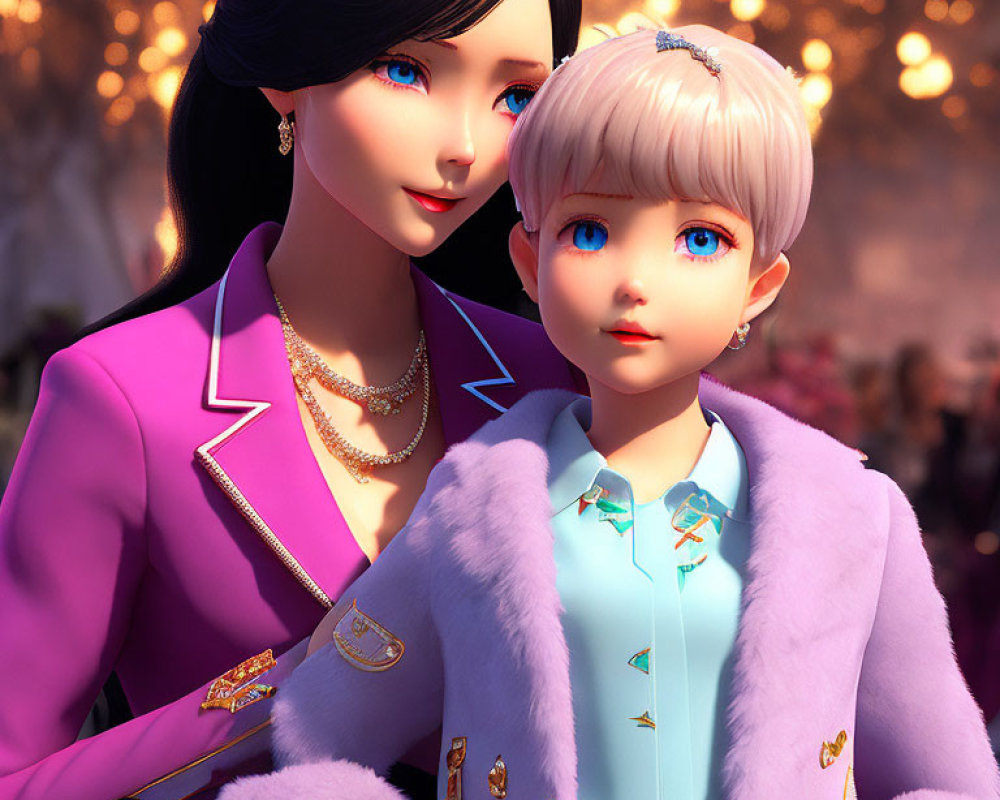 Adult and child animated characters in stylish attire with black and blond hair on bokeh light backdrop