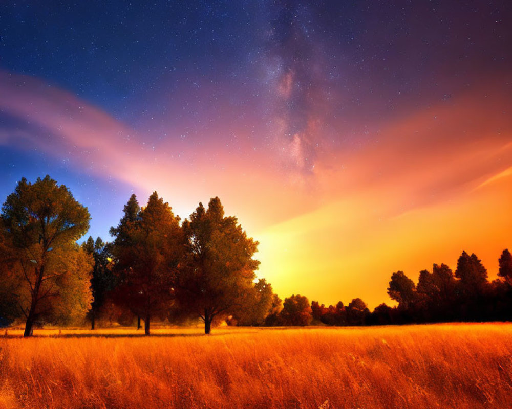 Starry Night Sky over Golden Field and Silhouetted Trees