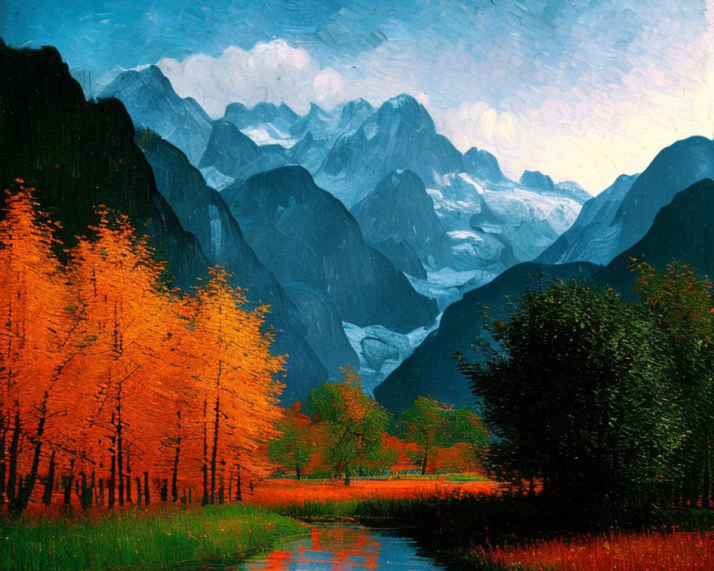 Mountainous Autumn Landscape with Fiery Trees and River in Painting