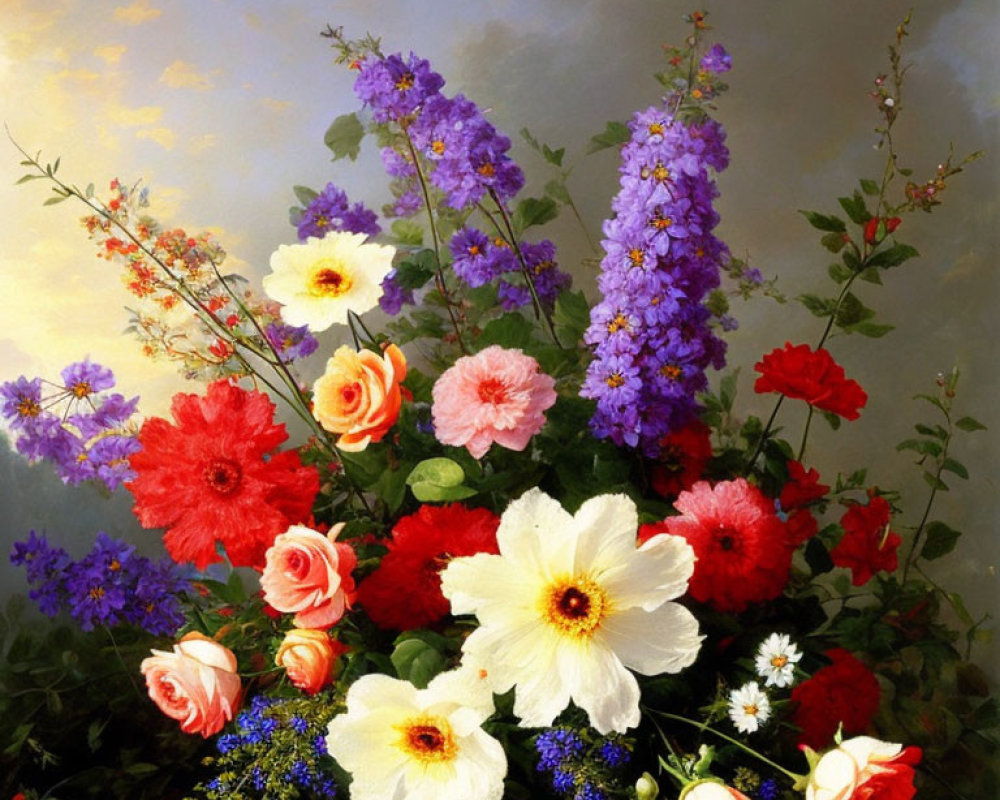 Vibrant bouquet featuring red, pink, white, and purple flowers in gold vase on moody