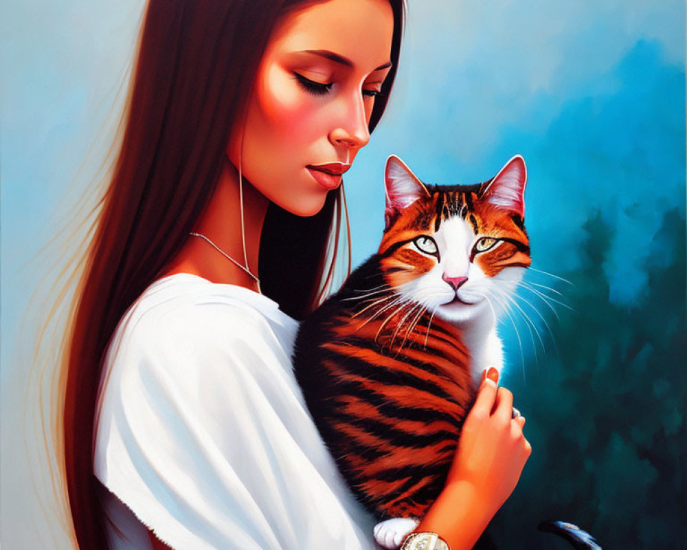 Portrait of woman with long dark hair in white shirt holding brown and white cat with green eyes