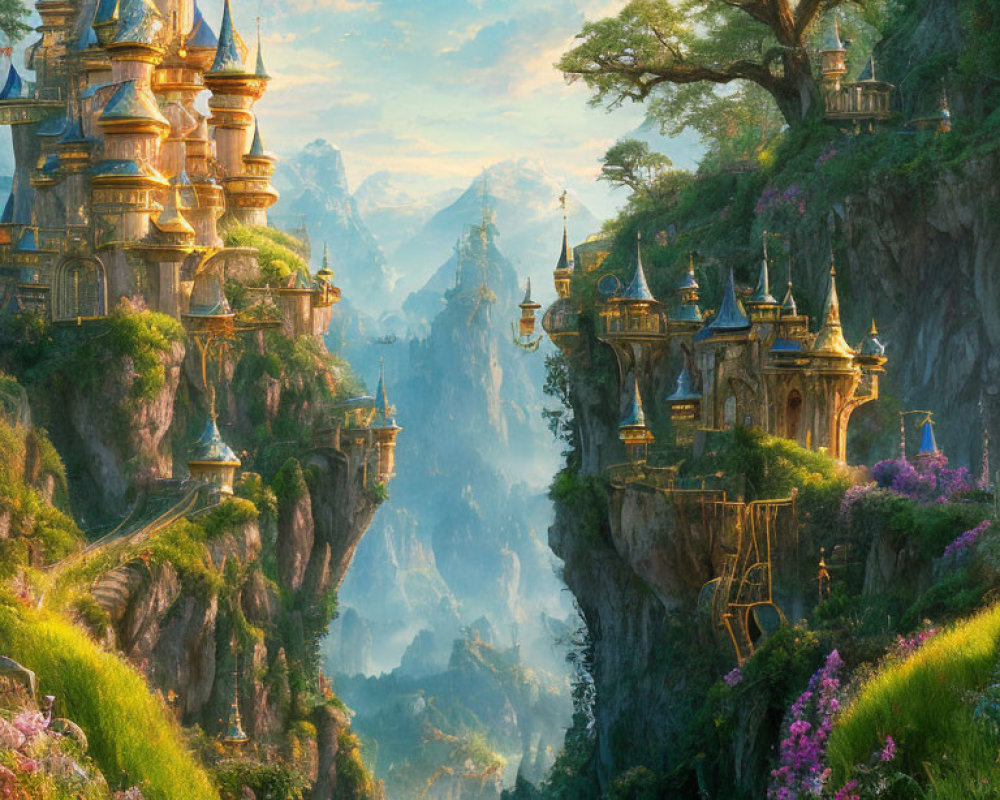 Golden castles on rugged cliffs surrounded by lush greenery and purple flowers under a warm sky