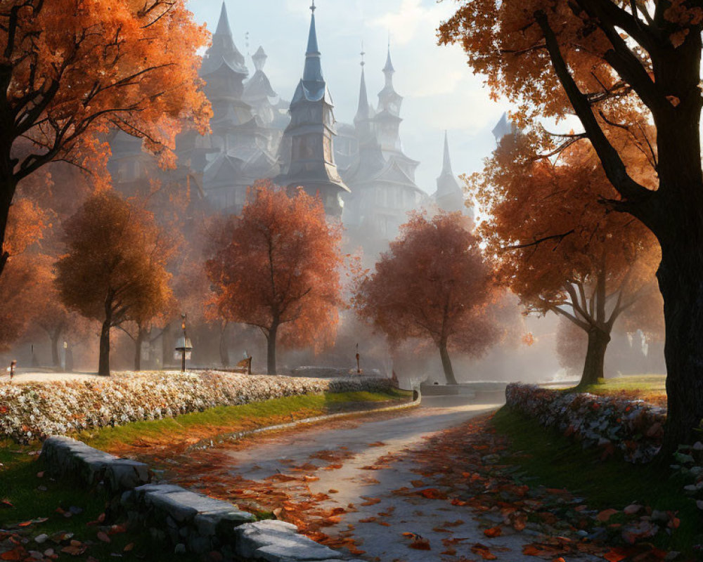 Majestic castle in serene autumn setting with orange trees and cobblestone path