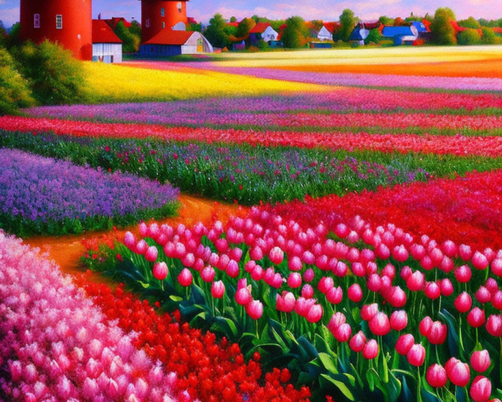 Colorful tulip field painting with red-roofed buildings and clear sky