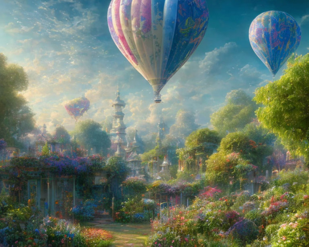 Landscape with hot air balloons floating above lush garden