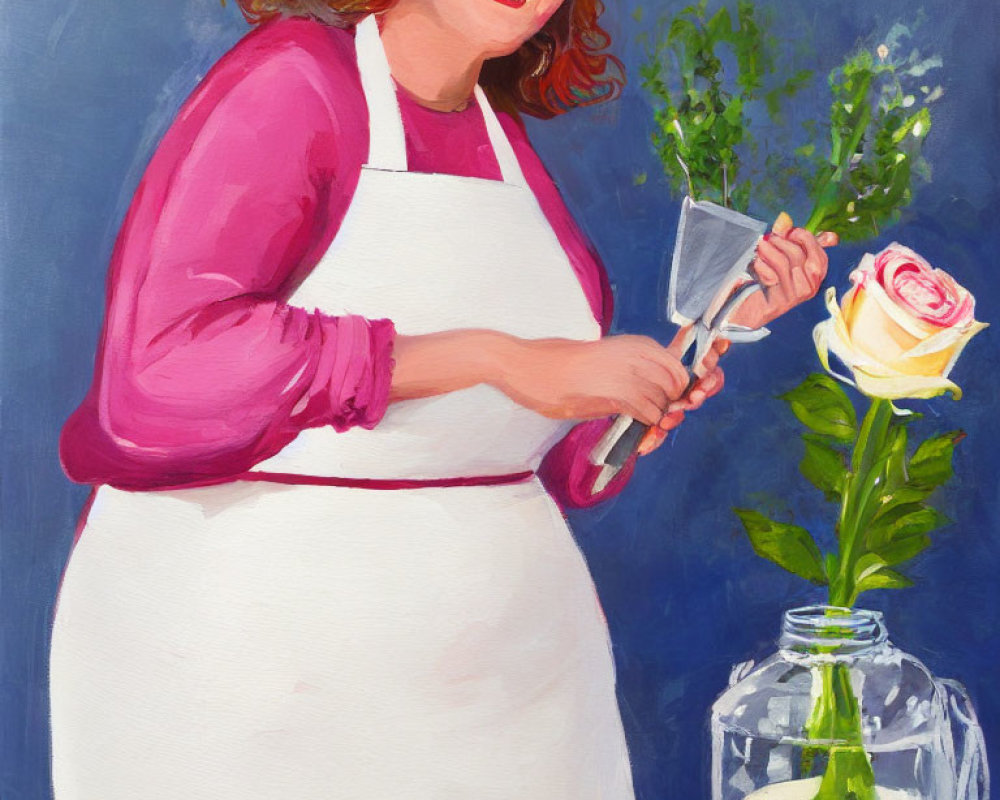 Woman in pink cardigan and apron trimming white rose in vase on blue background