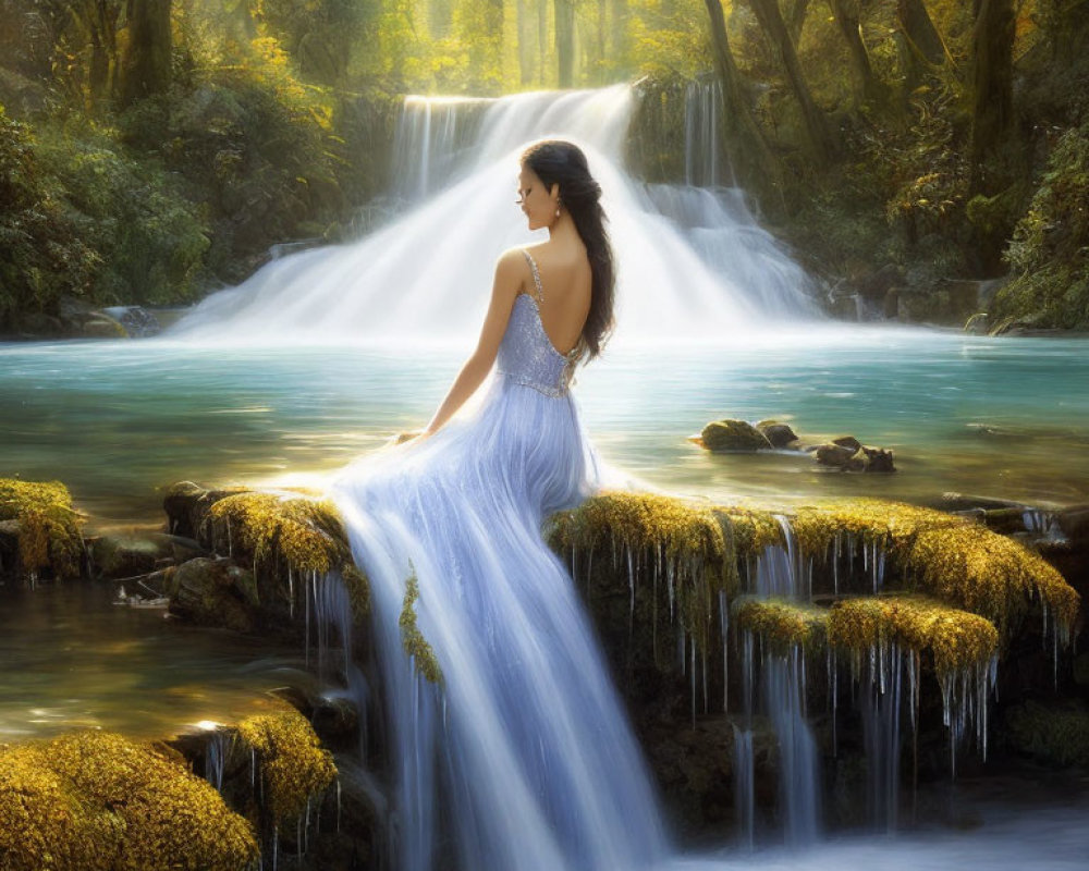 Woman in Blue Gown by Waterfall in Sunlit Forest