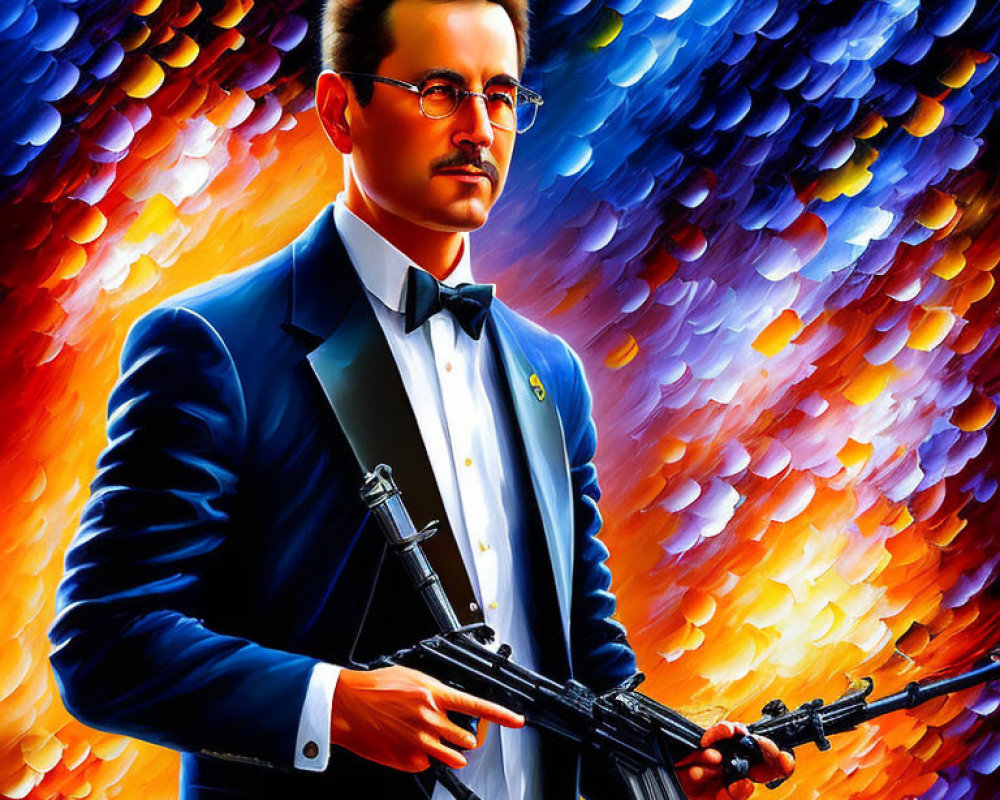 Stylized portrait of man in glasses with bow tie and rifle against vibrant backdrop