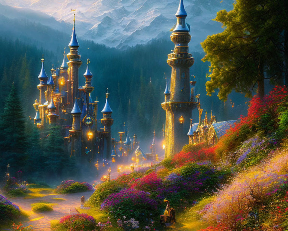 Enchanting castle in blooming forest at sunset