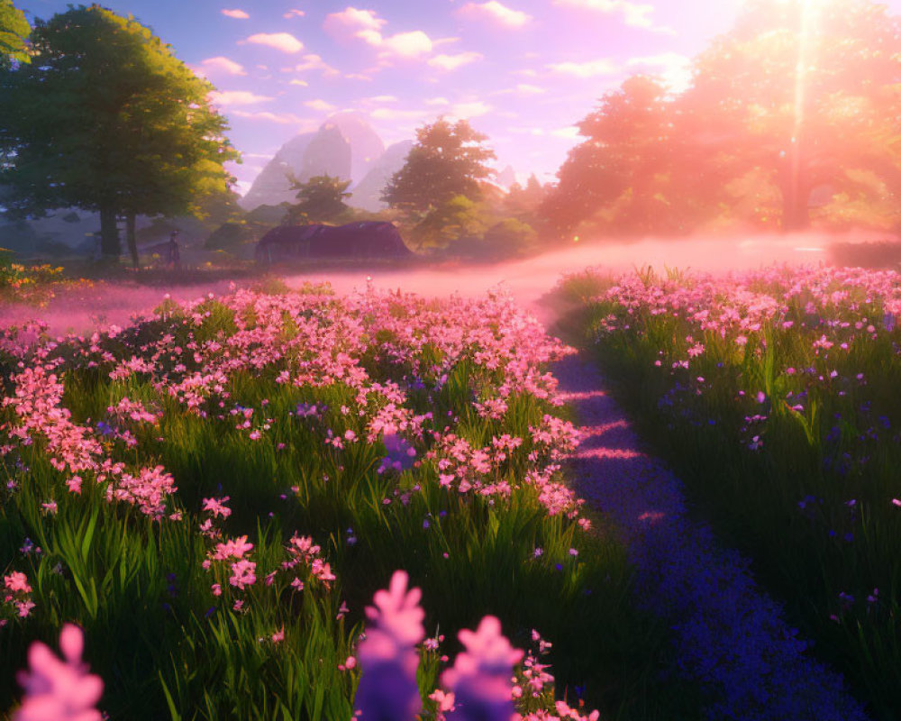 Sunlit Path Through Field of Pink and Purple Flowers in Misty Forest