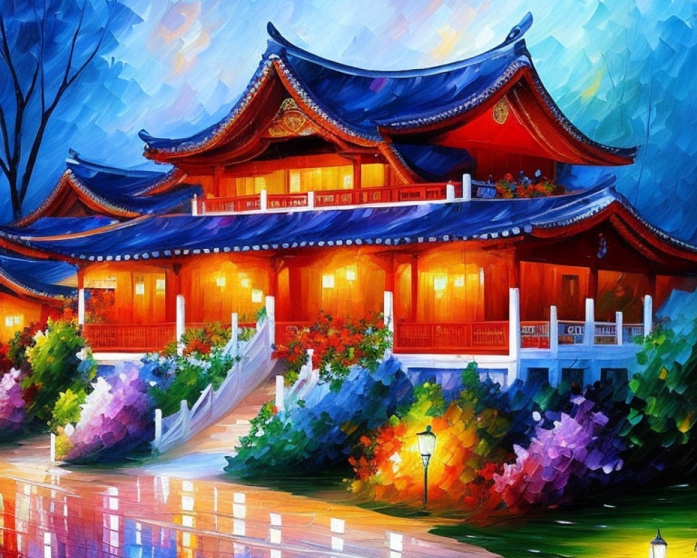 Colorful East Asian temple painting with flowers and wet surface.