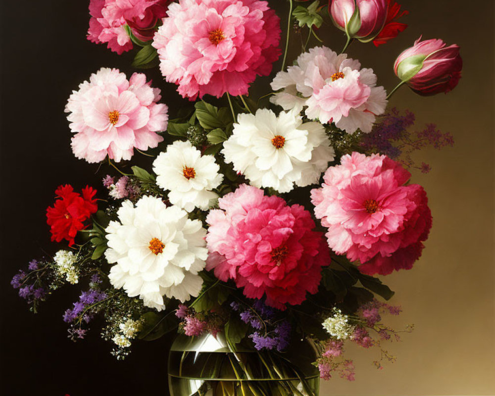 Multicolored peonies and purple flowers in clear vase on dark background