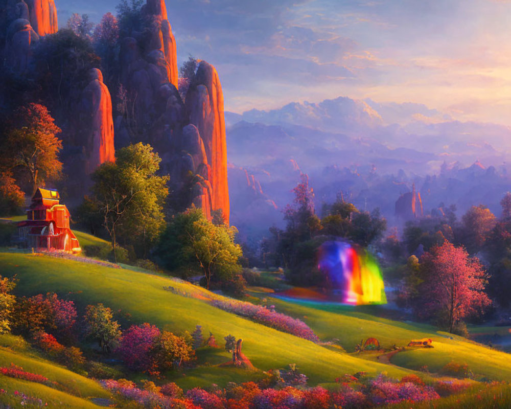 Fantasy landscape: Sunrise temple, rainbow, rocks, trees