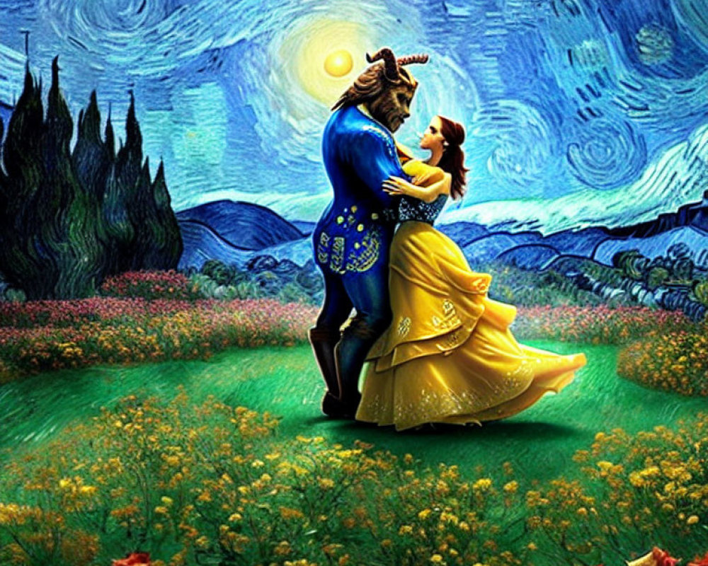 Couple Dancing in Vibrant Van Gogh-Inspired Landscape