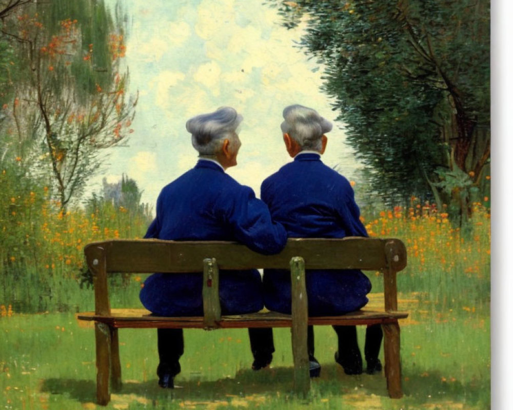 Two White-Haired Figures in Blue Jackets on Wooden Bench in Green Park