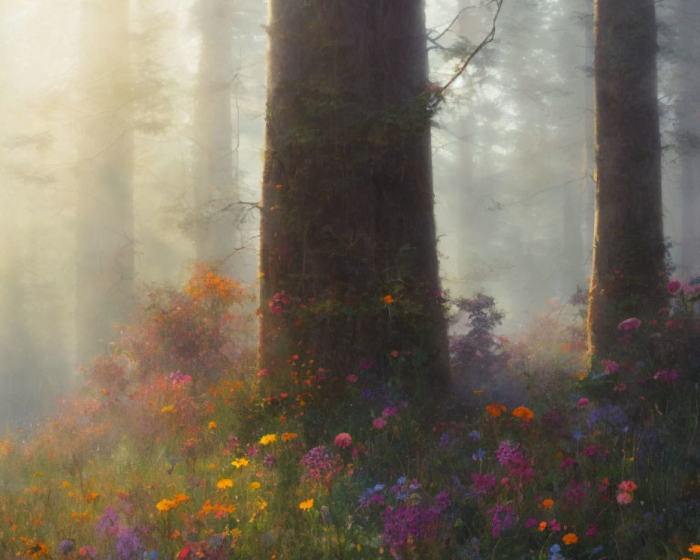 Misty forest with wildflowers under tall, mossy trees