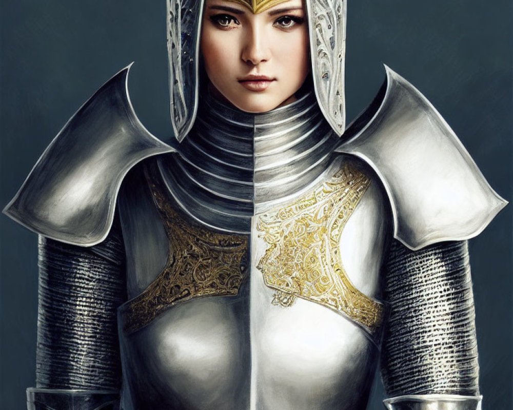 Female Warrior in Silver Armor with Gold Detailing and Helmet