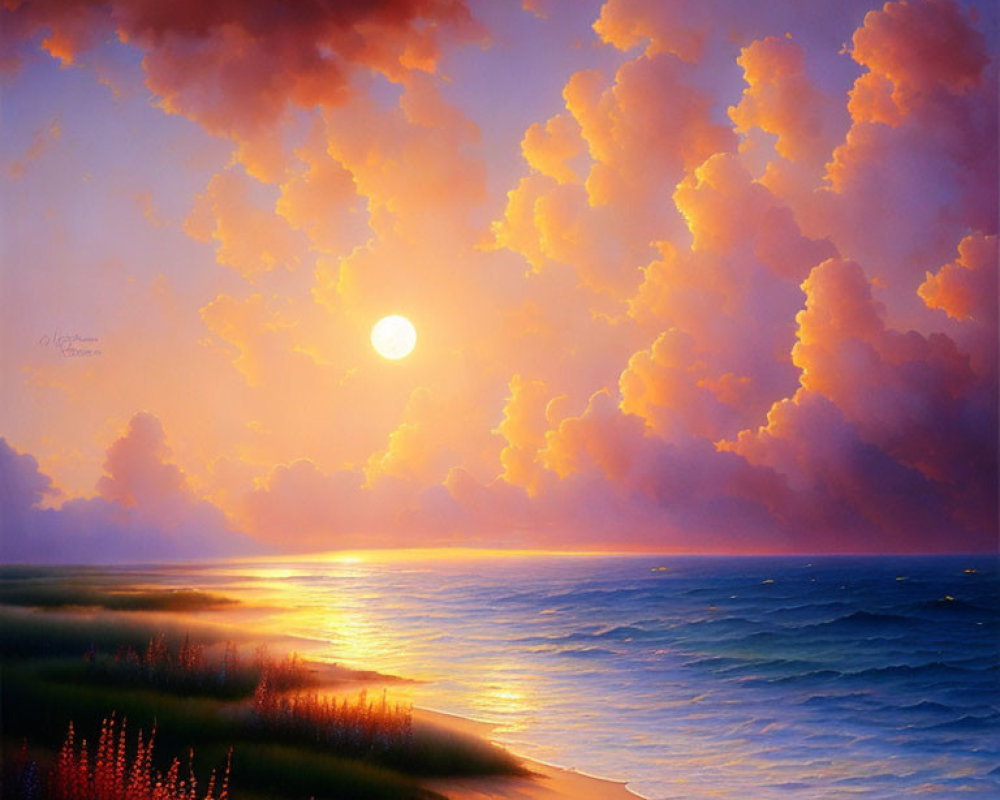 Scenic ocean sunset with golden light, cumulus clouds, and serene beach