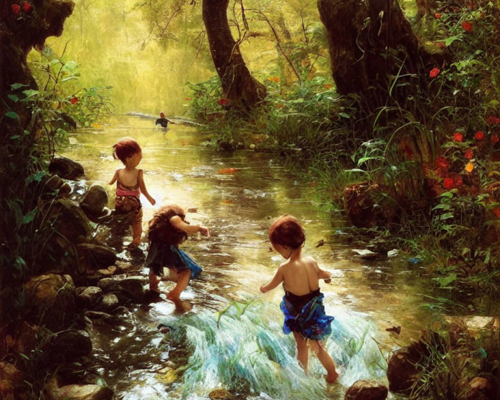 Children playing in sunlit woodland stream with duck and red flowers