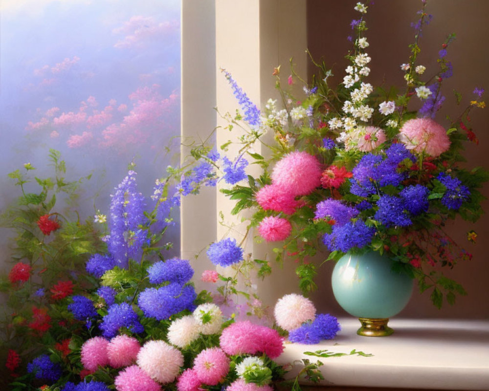 Colorful flower bouquet in blue vase on ledge with garden backdrop