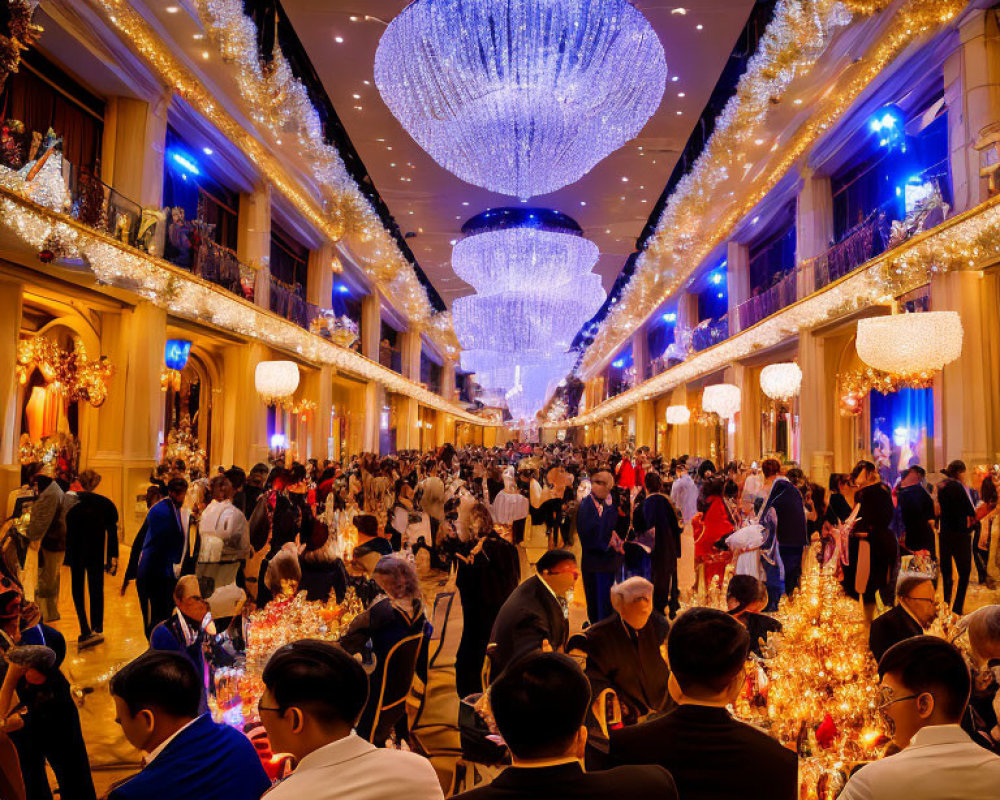 Luxurious Gala Event with Grand Chandeliers and Festive Decorations