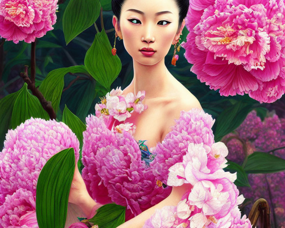 Portrait of elegant lady with black hair and gold pins among vibrant pink peonies