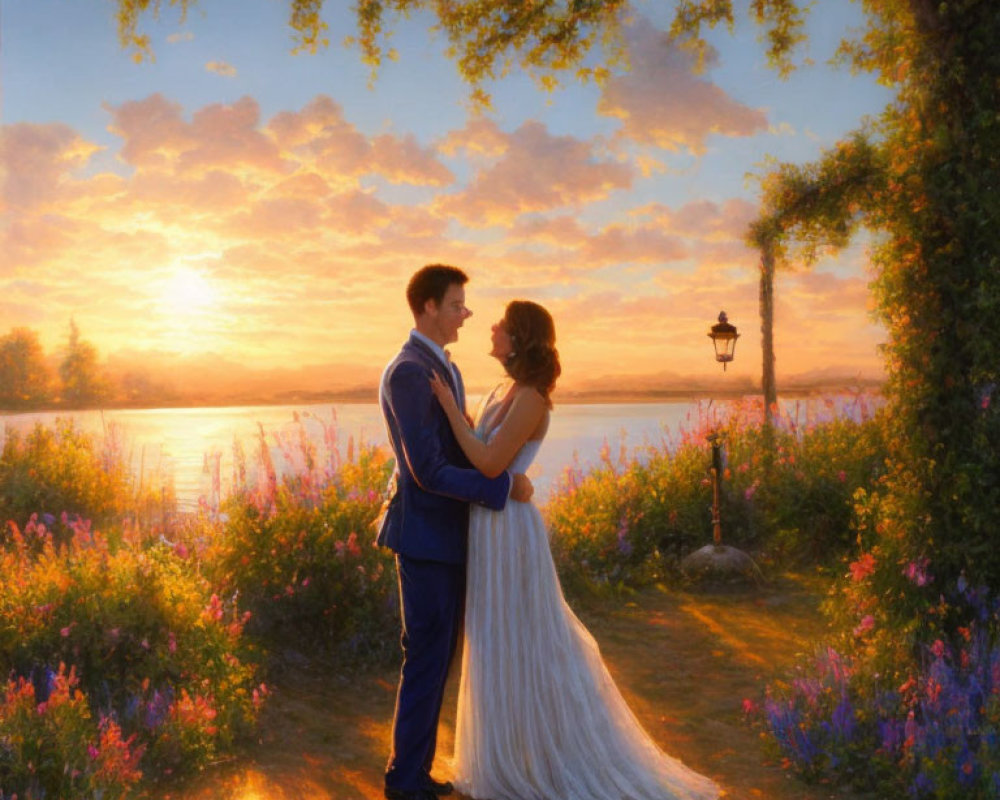 Formal couple embracing at sunset by lakeside with flowers and street lamp.