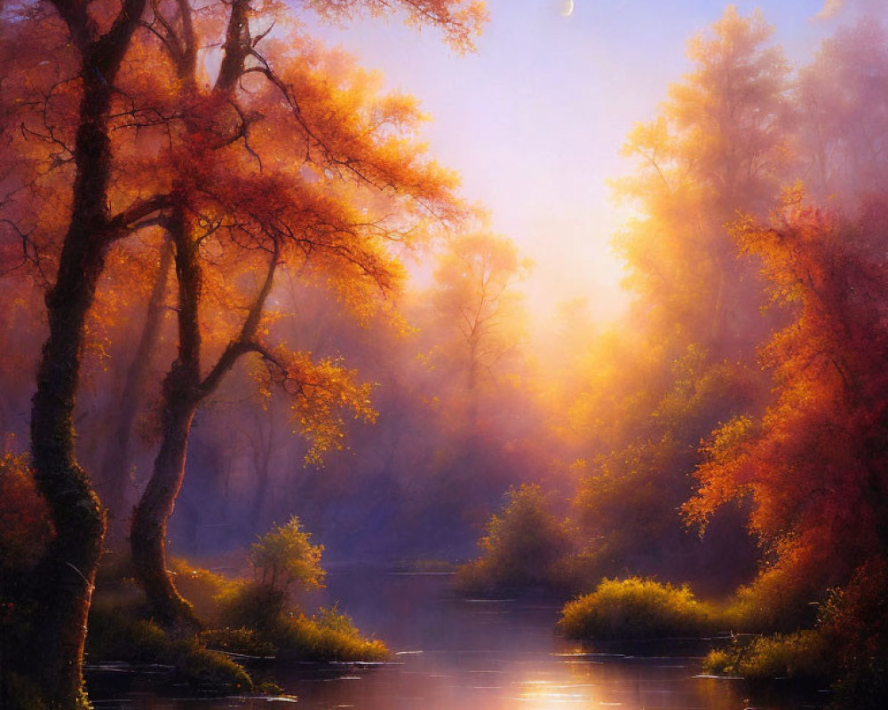 Tranquil autumn landscape with golden leaves, serene river, crescent moon, and misty forest