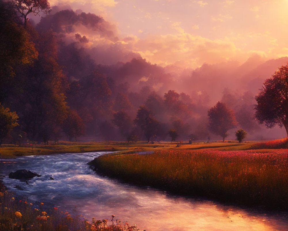 Tranquil Sunrise Landscape with River, Wildflowers, and Woods