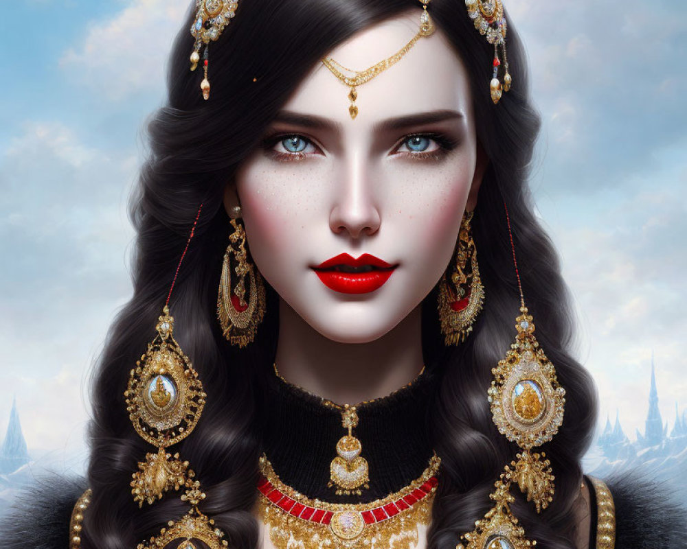 Dark-haired woman with gold and gemstone jewelry against cloudy sky.