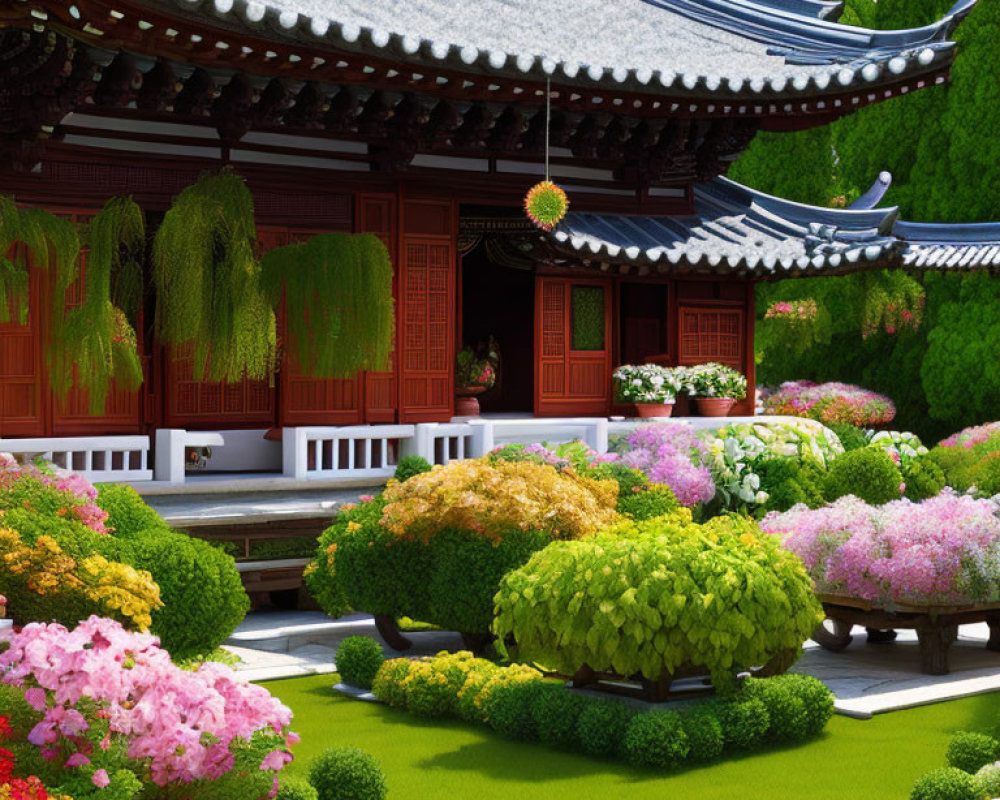 Traditional East Asian temple in lush garden with colorful shrubs