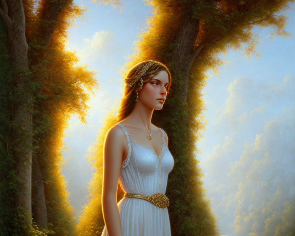 Woman in white dress in mystical forest with river and sunlight