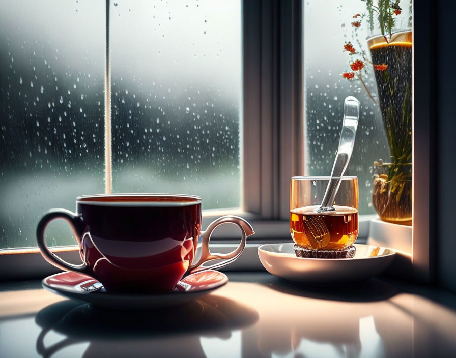 Cozy interior with red cup, tea, raindrops, and blooming flowers