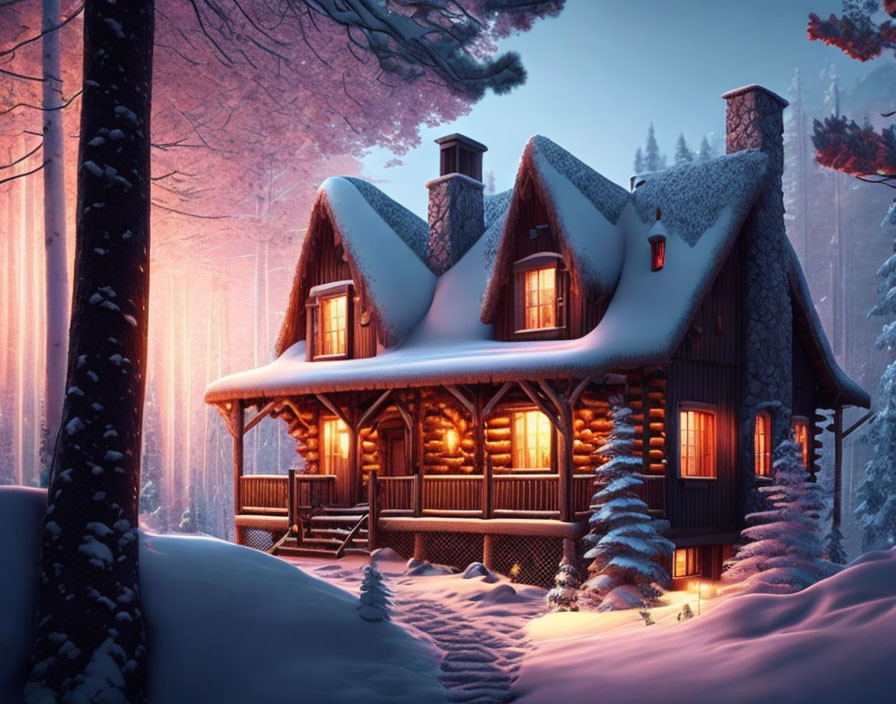 Snow-covered log cabin in serene winter forest at twilight