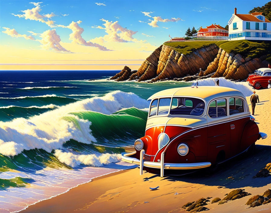 Vintage van on sandy beach with crashing waves, classic car, house on rocky cliff, blue sky.