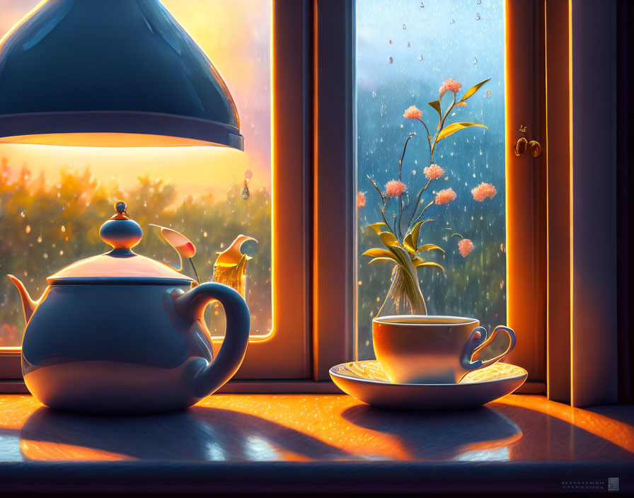 Blue Teapot and Cup on Windowsill in Sunny Room with Rainy Garden View