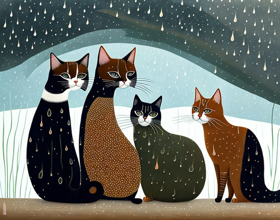 Stylized cats with expressive eyes in rain under green hills and blue sky