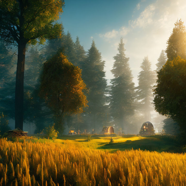 Forest sunlight on golden field with huts: Warm, dreamy landscape