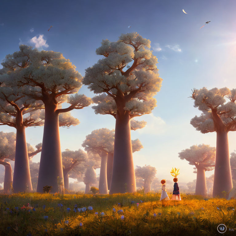 Fantasy landscape with tall trees, sunlit clearing, small figures, and birds in the sky