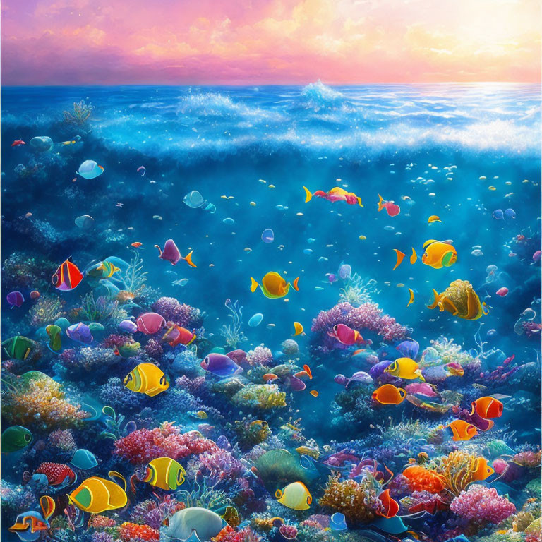 Colorful Tropical Fish and Corals in Vibrant Underwater Sunset Scene